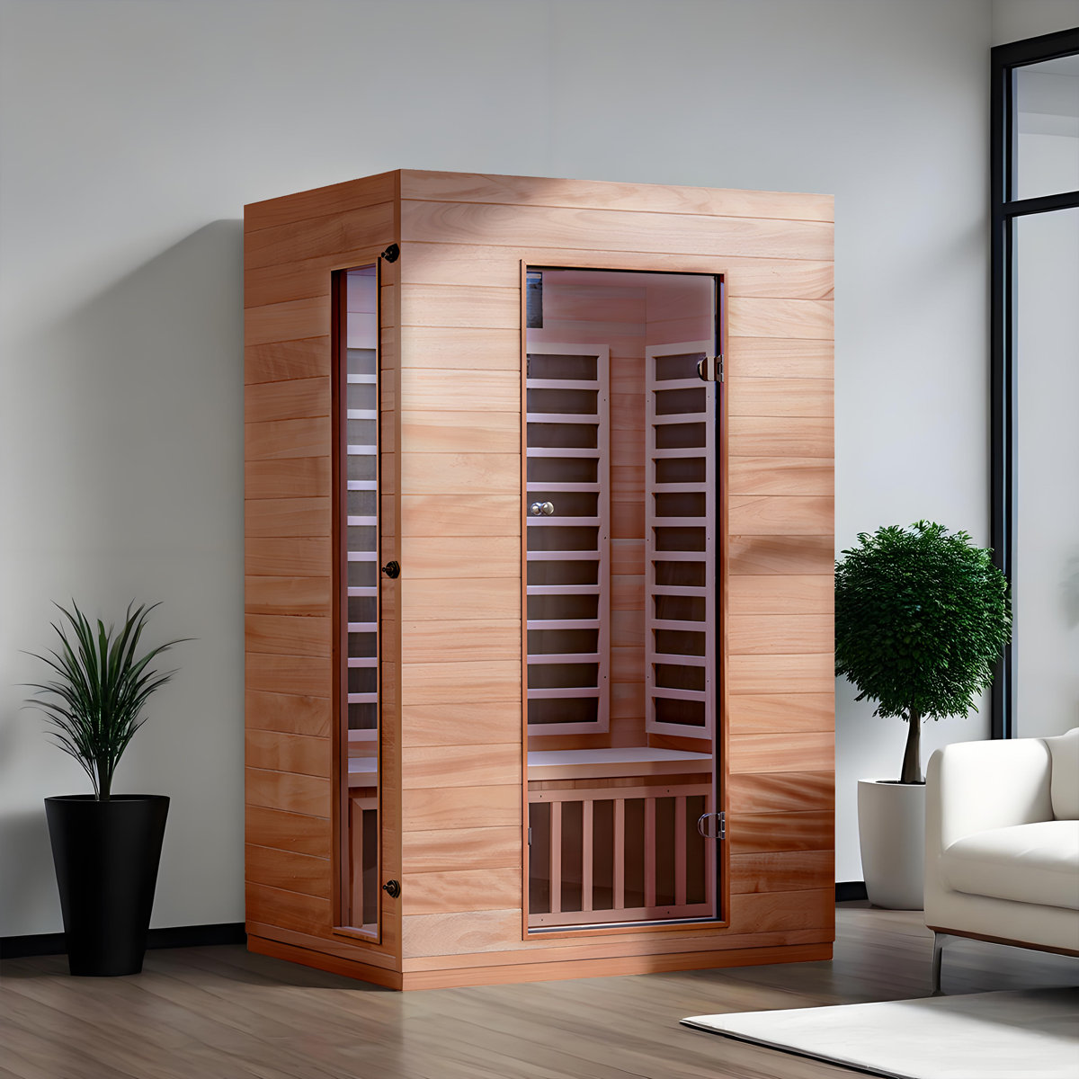 Featured: SUNDAY NIGHT SPECIAL-Hongyuan 2-Person Indoor Bluetooth Compatible FAR Infrared Sauna in Okoume & Hemlock with 6 Low EMF Carbon Heaters By Royal Saunas