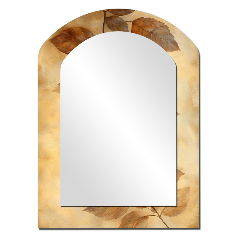 Brown Faded Sepia Leaves VI - Leaves Arch Mirror, Brown Asymmetrical Decorative Wall Mirror, Printed Metal Art, 34" x 25"