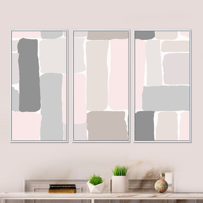 «Pink and Grey Pastel II», reproduction de cadre photo sur toile 3 pièces, H 28 po x l 36 po x P 1 po, Cadre blanc