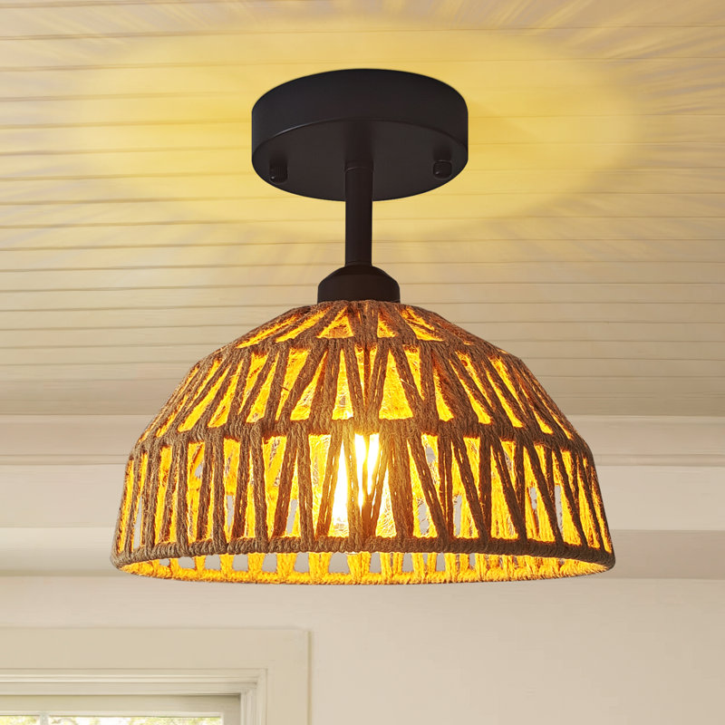 9.2" 1-Light Boho Natural Hemp Rope Semi Flush Mount Light,For Living Room, Kitchen, Hallway(Bulb Not Include)