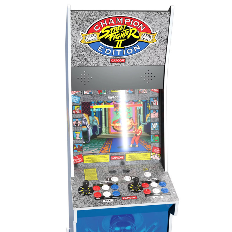 Street Fighter II Champion Edition Blue Arcade Machine with Riser and Stool