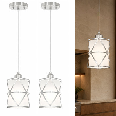 2-Piece 1-Light Brushed Nickel Adjustable Pendant Light Set with Frosted Glass Shades
