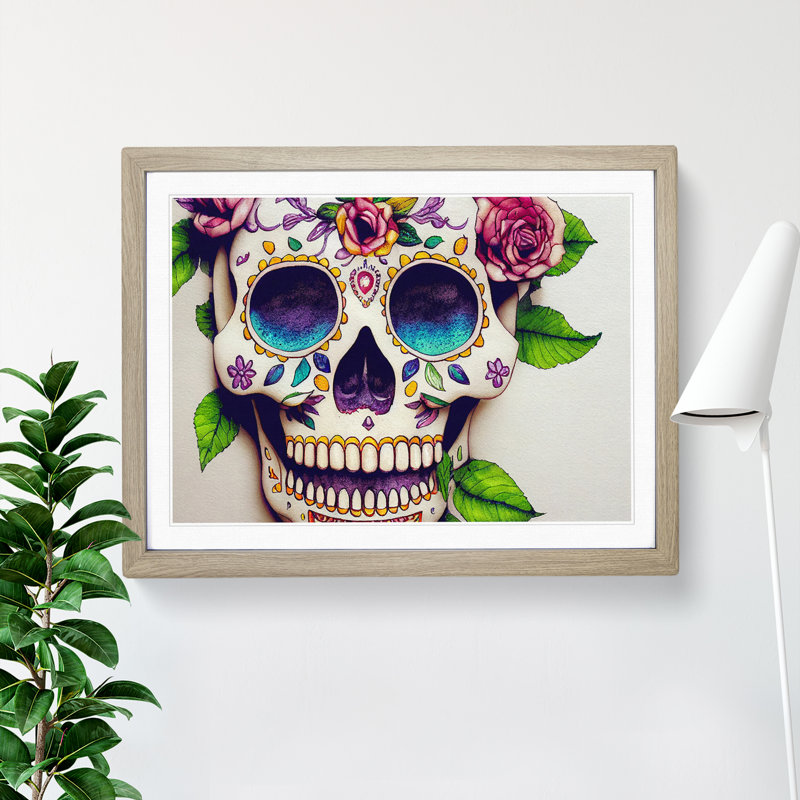 Masterful Floral Sugar Skull - Single Picture Frame Print, 25cm H x 34cm W x 2cm D, Oak