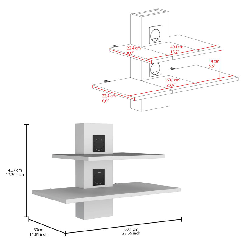 Floating Shelf, 2 Tier-Shelf Wall Unit With Cable Management