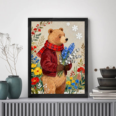 Black Framed Vintage A cute little bear holding a bouquet of flowers Wall Art Retro Style Framed Prints
