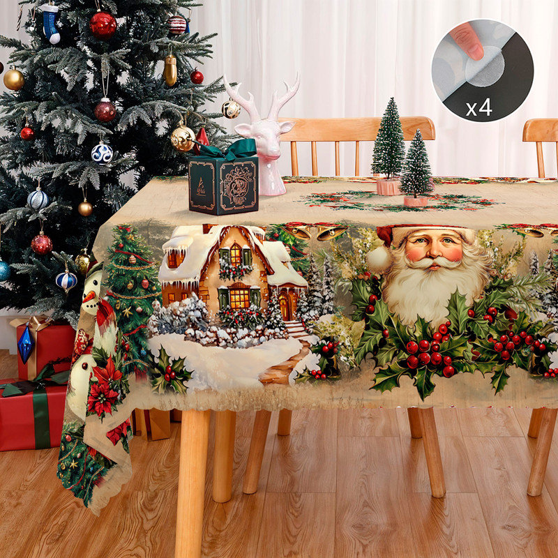 1 nappe ronde / rectangulaire en polyester de 1 pièce, nappe de Noël avec pin, bonhomme de neige, camion, bord embosé, décorations de Noël pour table à manger, décoration de table de fête festive, cadeau de fête parfait