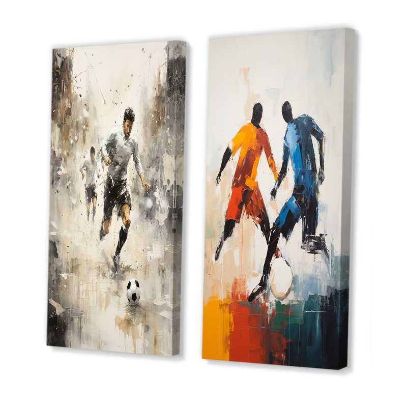 «Grey Minimalist Soccer Encounter I», ensemble de 2 décorations murales de soccer, H 40 po x l 41 po, Toile tendue