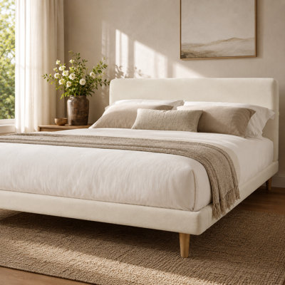 King/Cal-King Upholstered Platform Bed Frame with Chunky Headboard, Luxury Beige Fabric Bed with Solid Rubberwood Legs