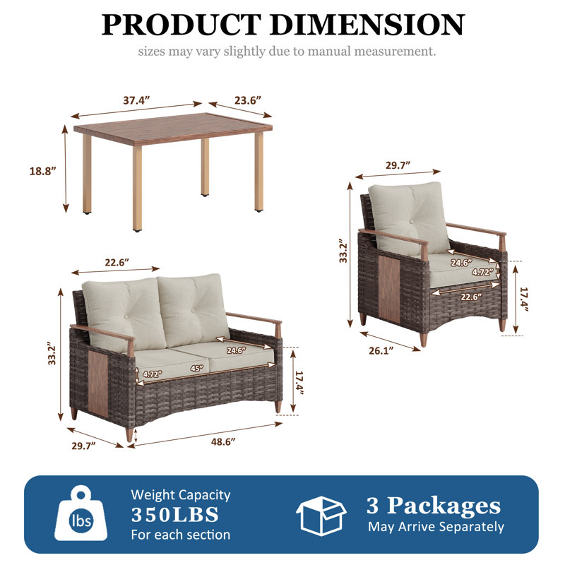 Ensemble de conversation d'extérieur en osier pour 4 personnes avec coussins Melvarn, Beige