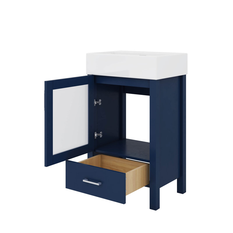 Meuble-lavabo de 20 po avec lavabo en céramique et rangement suffisant, Bleu / nickel brossé