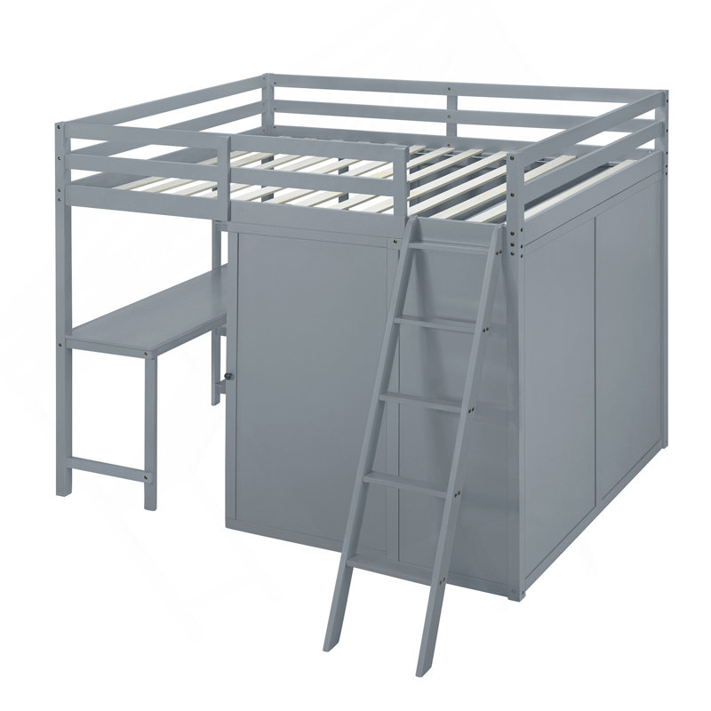Lit mezzanine avec garde-robe, bureau et tablettes, gris