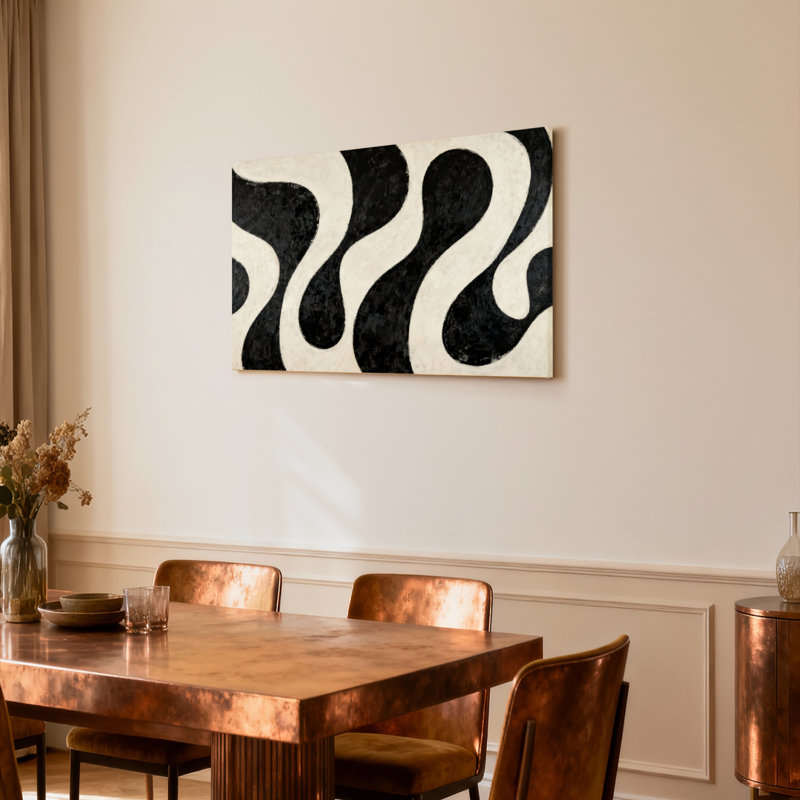Ensemble de 1 tableau sur toile tendue à motif de vagues abstraites noires et crème, H 20 po x l 30 po