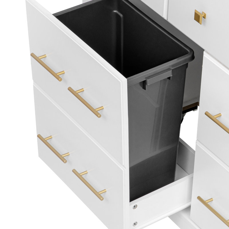 Îlot de cuisine 6 tiroirs avec abattant, prise de courant, roues cachées, armoire à poubelle, luxe sophistiqué, blanc pour tiroirs, compartiment intégré, 5 blancs, efficacité accrue