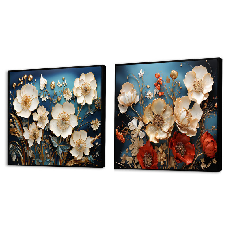 Souvenirs de coquelicots Souvenirs de fleurs - Ensemble de 2 collages floraux carrés, Cadre flottant noir, H 36 po x l 73 po