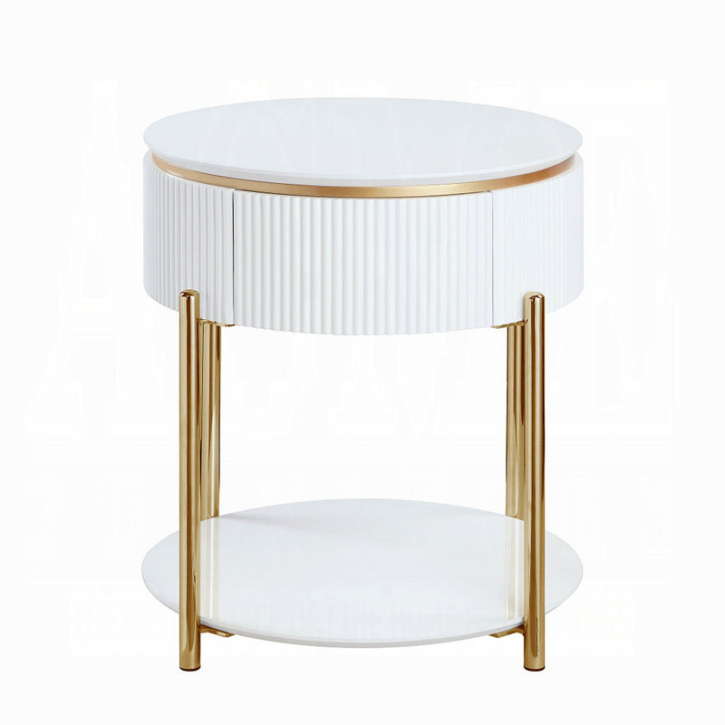 Table de bout blanche brillante et dorée avec pieds en métal, table de bout, tables de bout de salon, table de bout ronde, table de bout blanche, table de bout moderne
