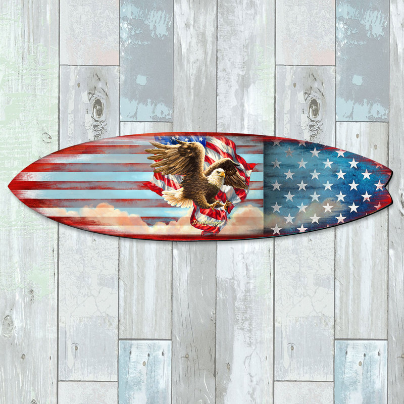 Décoration murale patriotique drapeau américain planche de surf en bois, H 17 po x l 60 po x P 1 po