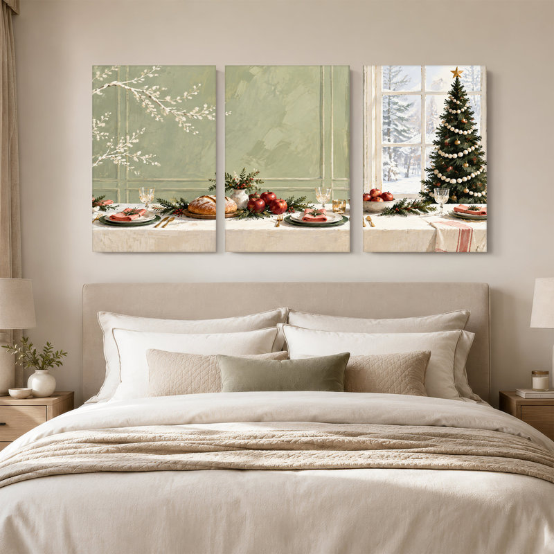 " Table Setting with Snowy Forest View Christmas " 3 Piece Art, 60"W x 30"H Overall - 3 Panels