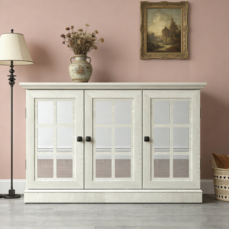 45" W Storage Lilliam with 3 mirrored acrylic doors, White Oak
