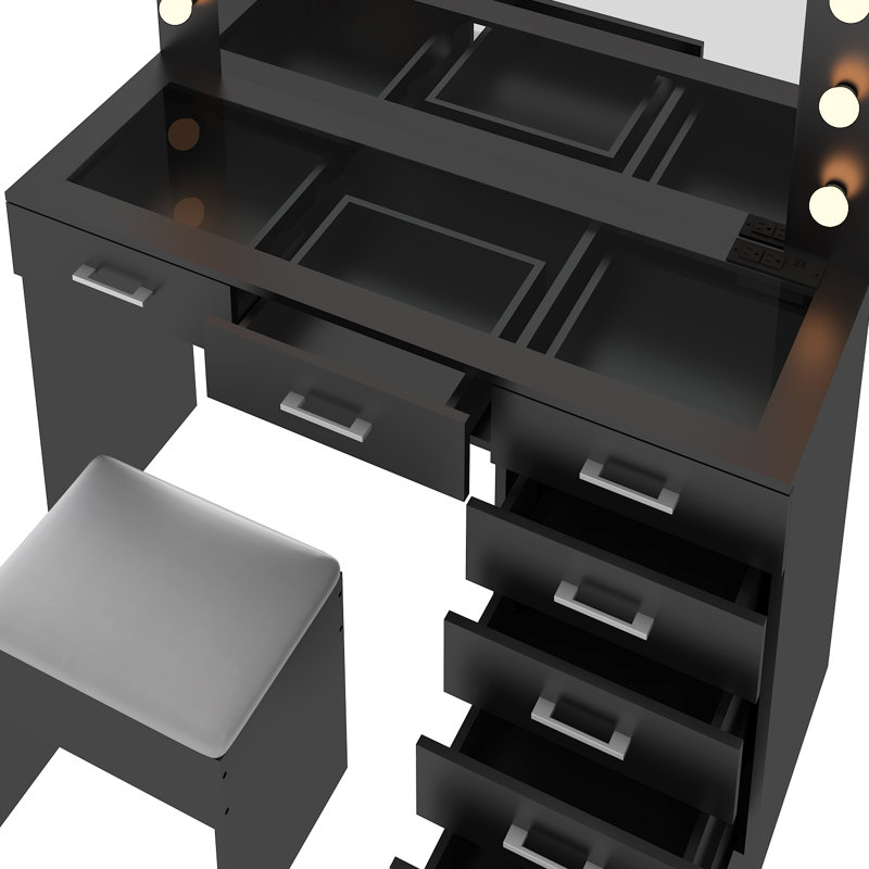 Grand ensemble de coiffeuse avec lumières, USB et prise de courant, 7 tiroirs, Noir, noir, noir, noir