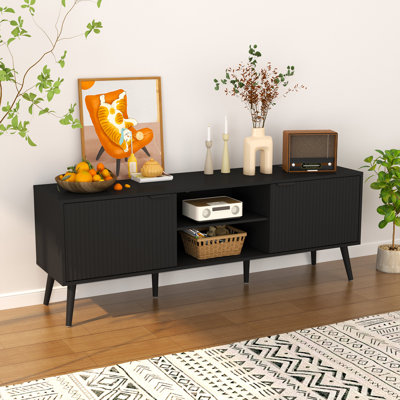 Tv Stand For Living Room To 55/60/65/70 Inches, Mid Century Modern Tv Consoles With Power Outlet, Entertainment Center With Door Cabinets And Open Shelves For Living Room, Bedroom, Black
