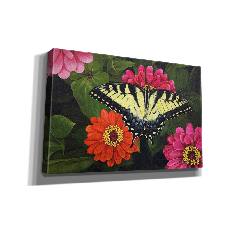 Toile épique Graffiti «Tiger Swallowtail On Zinnias» par Jim Brune, 40 po x 26 po, H 26 po x l 40 po