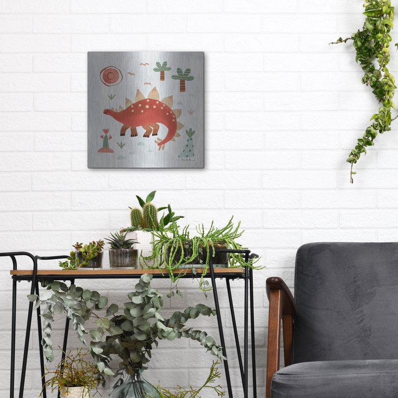 Art mural en métal luxueux «Dino Fun 2» par Farida Zaman, 12 po x 12 po