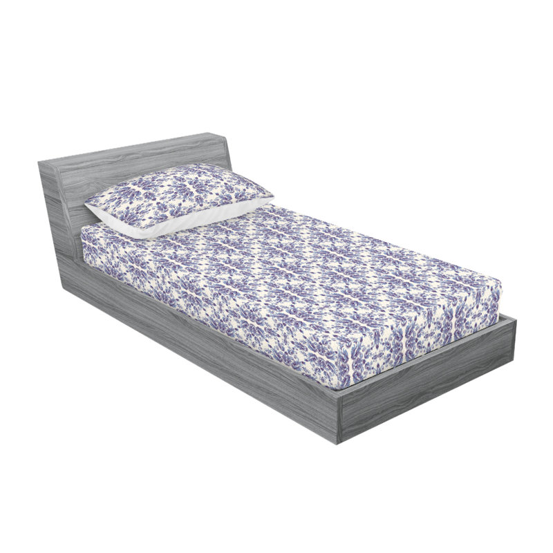 Ambesonne Fitted Sheet & Shams, Twin Sheet Set with 1 Pillowcase, Purple/Cell Blue/Ivory Flower