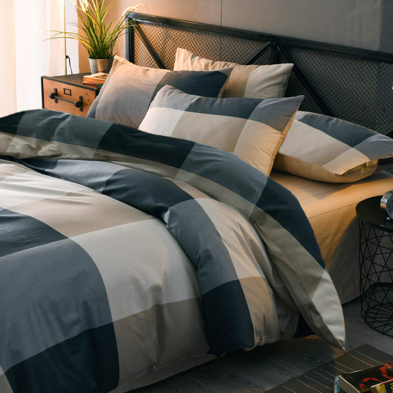Modern Gray and Beige Cotton Plaid Queen Duvet Cover Set