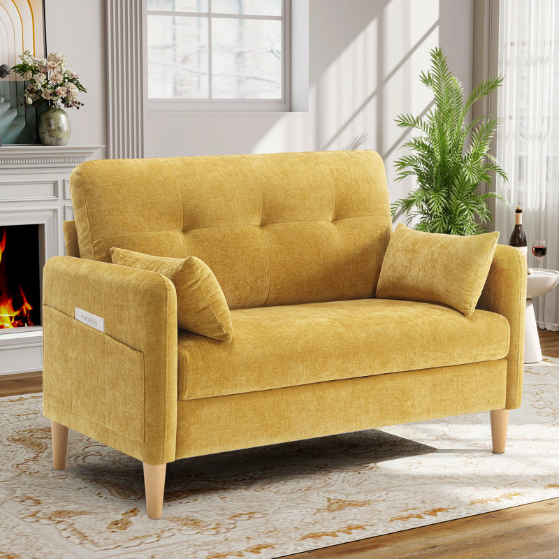 Canapé-lit George en chenille capitonné avec 2 coussins et poches de rangement George, Jaune