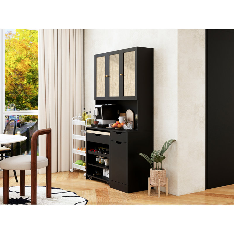Armoire noire moderne, de 69,48 po de hauteur, avec 3 portes, tablettes réglables et compartiment à micro-ondes