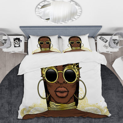 Portrait Of African American Woman, Ornaments II - Modern Duvet Cover Set - Microfiber Polyester