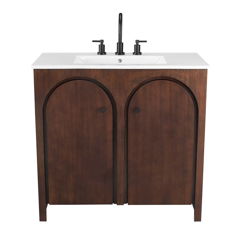Meuble-lavabo simple 36 po avec plateau en céramique Modway Appia, Blanc, Noyer