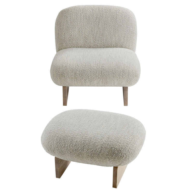 Loyal Boucle Fabric Accent Chair And Ottoman Set, Oak, Pearl Fabric