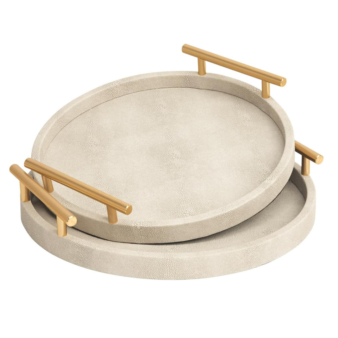 2-Pack 13" Blue Shagreen Round Trays - Gold Metal Handles for Home & Bathroom Decor