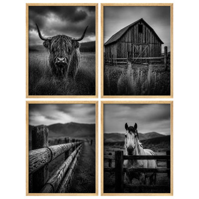 «Rustic Western Ranch Cow Horse Barn Barn Cowboy Life», ensemble de 4 reproductions d'art encadrées - salon bureau chalet maison de ferme décor