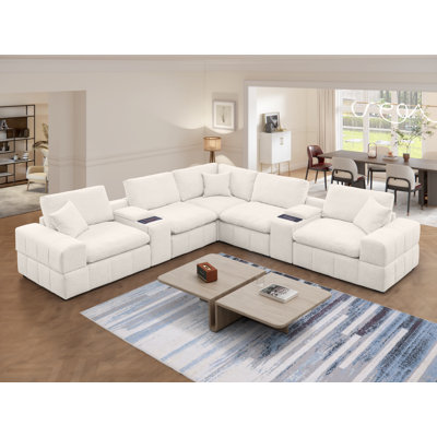 Upholstered Chenille 7 Piece Modular Sectional Sofa With Two Central Console, Wireless Charging & Storage & Cup Holders