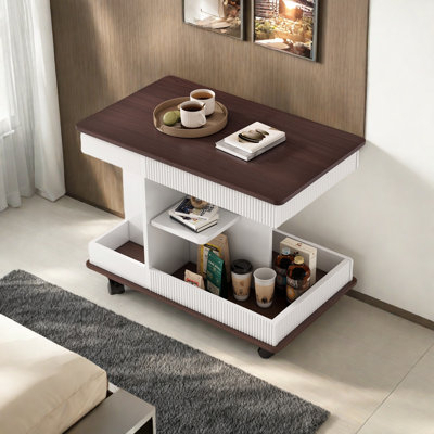 Adjustable End Table With Wheels, 360°rotating Top, Storage Space, Wood Grain Texture And Vertical Striped Design
