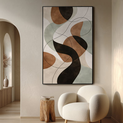 Très grande reproduction d'art sur tissu - Formes géométriques aux tons de terre avec accents linéaires, décoration murale contemporaine pour le salon - «Assemblage requis du cadre (cadre non fini)»