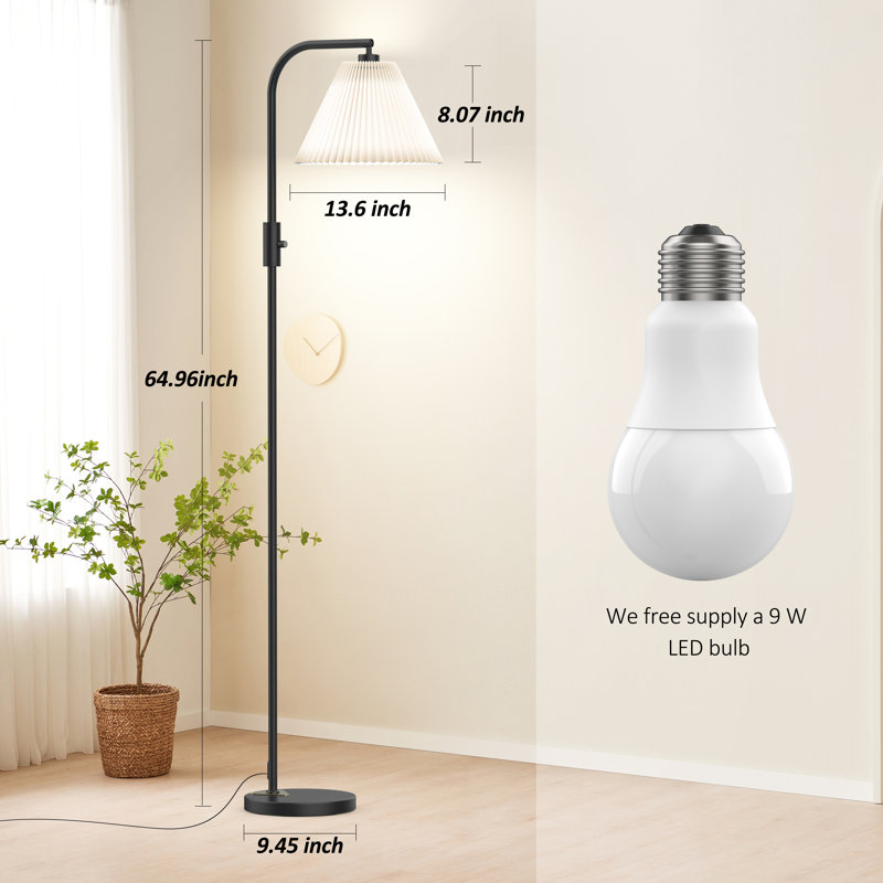 Pepin Arched Floor Lamp With Remote Control, 1000 Lumens LED Edison Bulb Included and Pleated Fabric Shade, Yellow