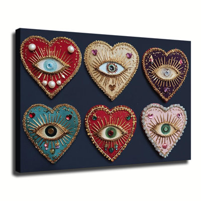 Ornate Sacred Evil Eye Heart Embroidery Art, Large Gallery Wrapped Canvas Wall Art Print For Living Room Bedroom