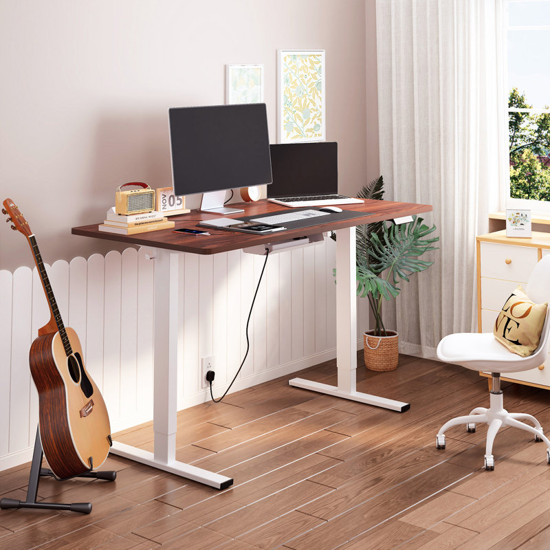 Adjustable Standing Desk, Whole-Piece Desktop, Mahogany/White, 55" W x 28" D