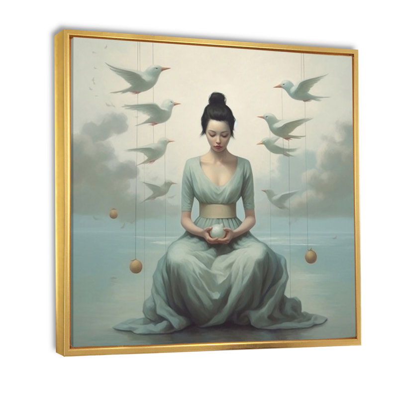 Mindfulness Gracieuse femme, méditation sur toile, Cadre flottant doré, H 36 po x l 36 po x P 1,5 po