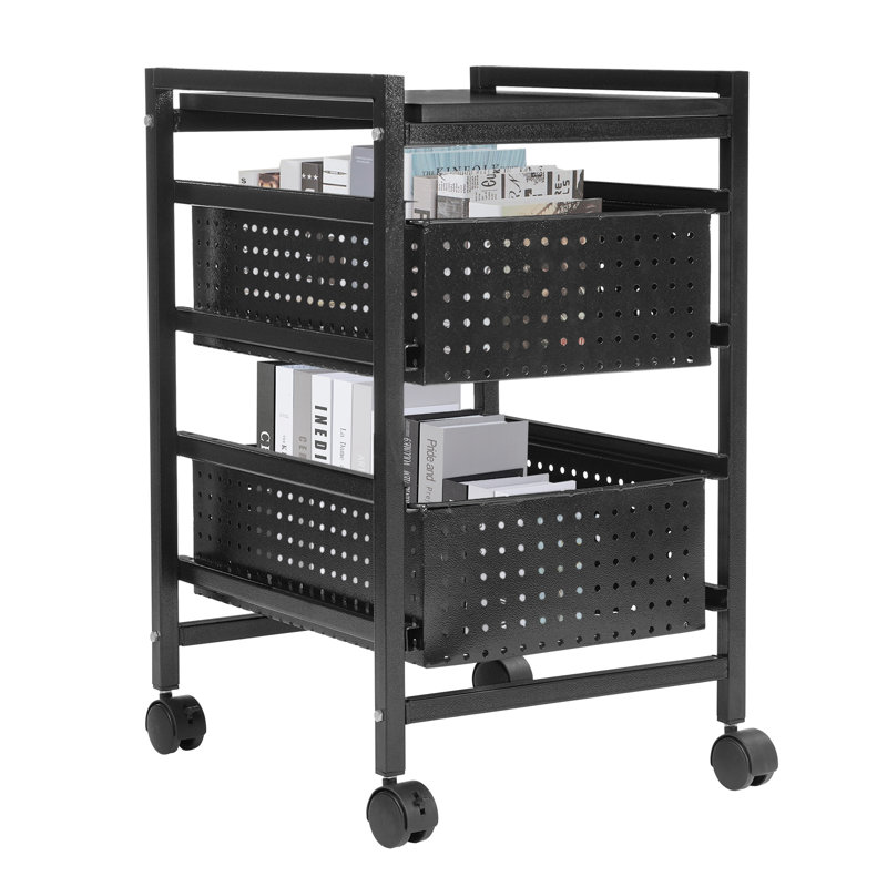 2-Tiermodern Black Rectangle File Storage Drawer Carts Carbon Steel File Storage Organizer On Wheels
