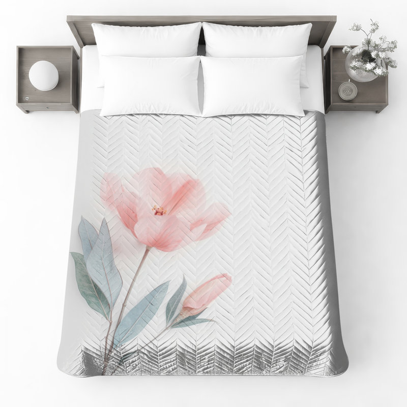 Couvre-lit matelassé fleur rose avec feuilles, Queen