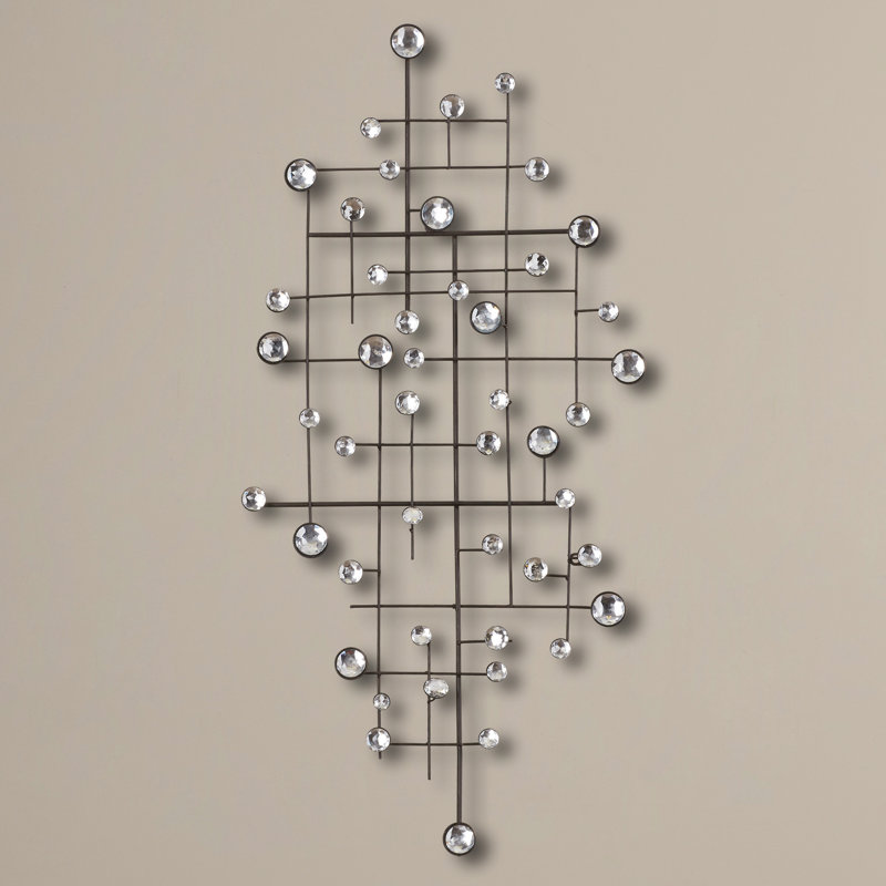 Décoration murale abstraite en métal argenté avec ornements en cristal 20 po x 1 po x 42 po