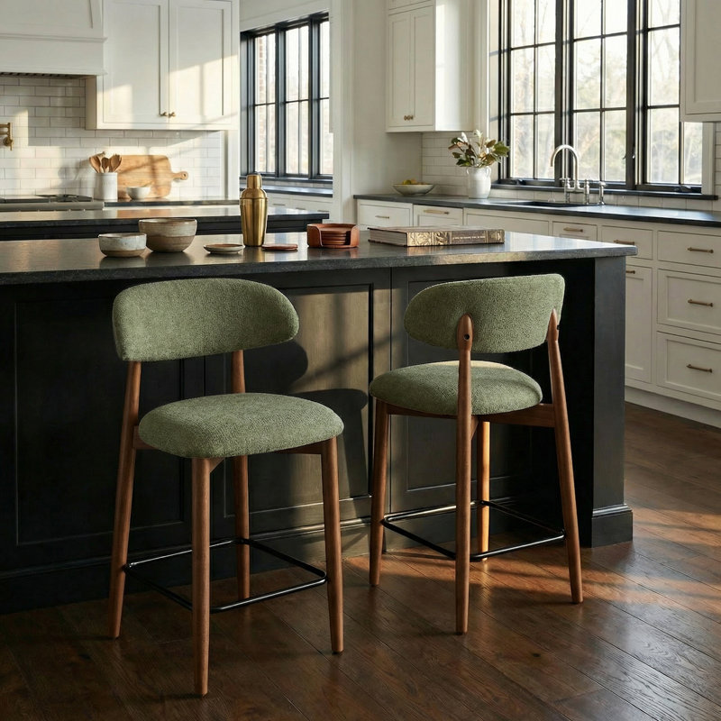 Chaise rembourrée en bois massif avec tabouret, Vert