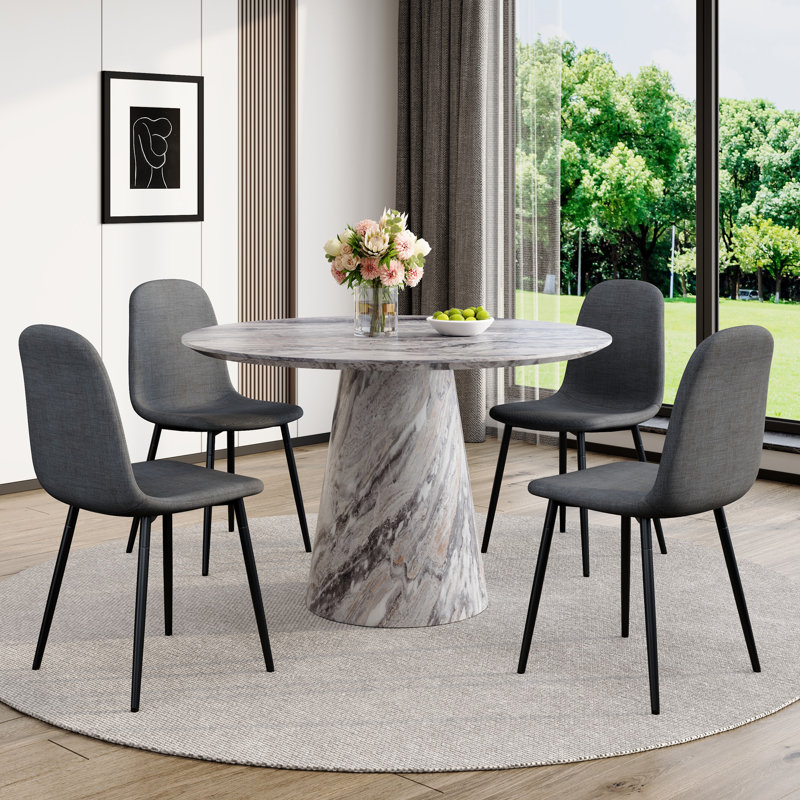 45'' Round Dining Table Set With 4/6 Upholstered Chairs, 5 Pieces: Table, 4 Chairs, Gray