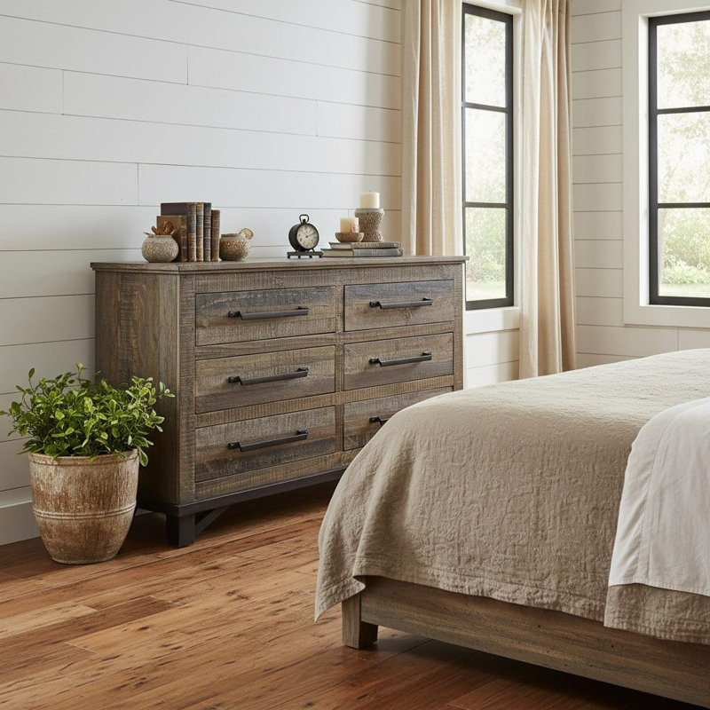 Commode double 56 po à six tiroirs en bois massif brun