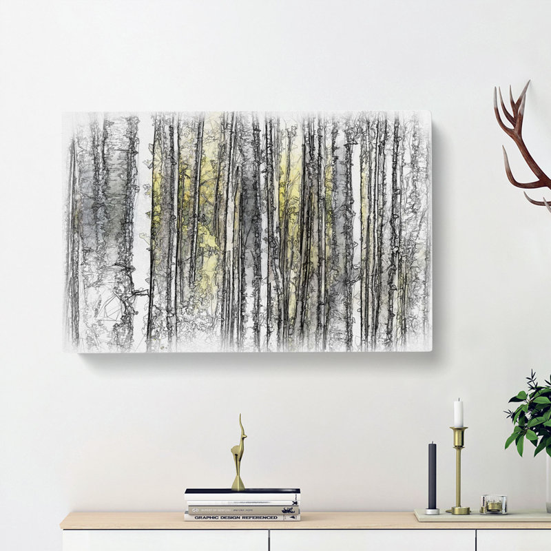 Yellow Birch Tree Forest - Wrapped Canvas Painting, Black/Green/Grey, 50cm H x 76cm W x 3cm D