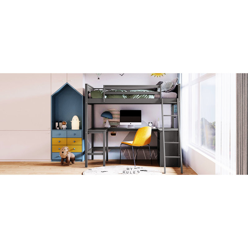Lit mezzanine simple gris avec espace de rangement et bureau, maximise l'espace, bois massif, rangement fonctionnel sans fondation, utilisation de la pièce, matériau en bois, caractéristiques supplémentaires